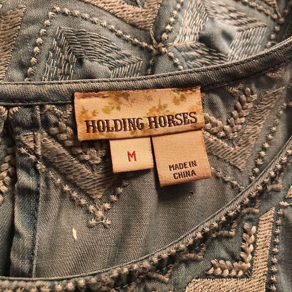 Anthropologie Holding Horses Embroidered Dress Denim Chambray Pockets Medium - Picture 5 of 14